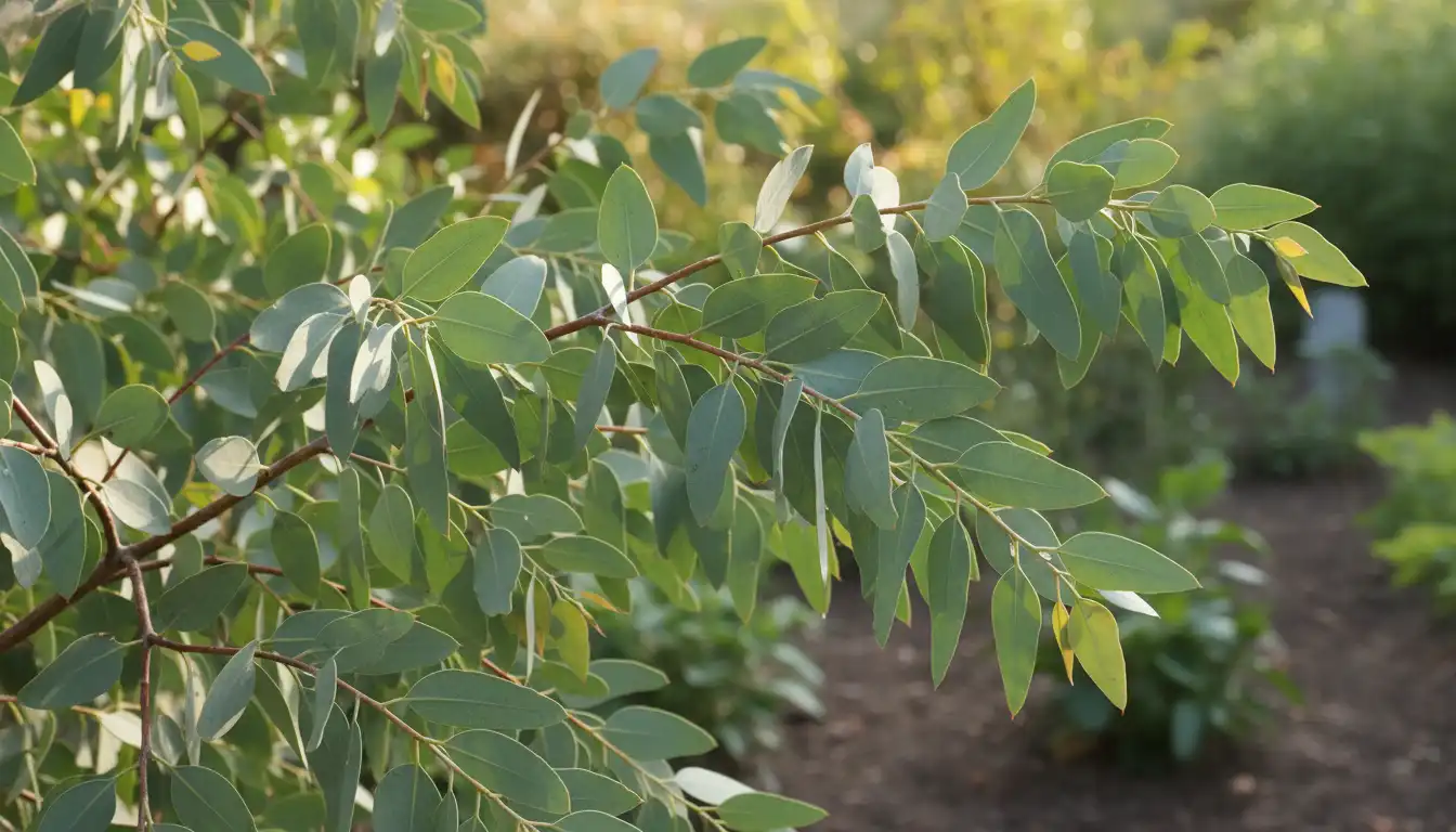 Silver-dollar eucalyptus tree branches with round, green leaves in an outdoor garden.