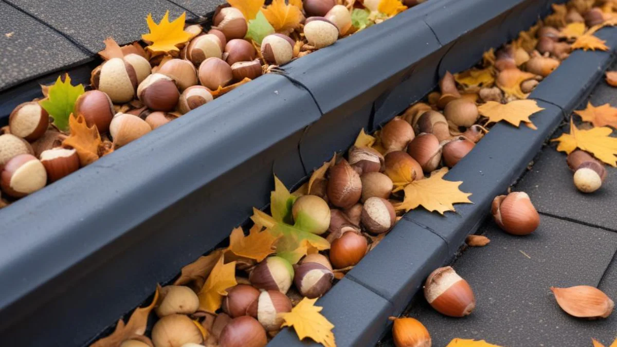 Gutters full of fallen acorns and leaves on an asphalt shingle roof.