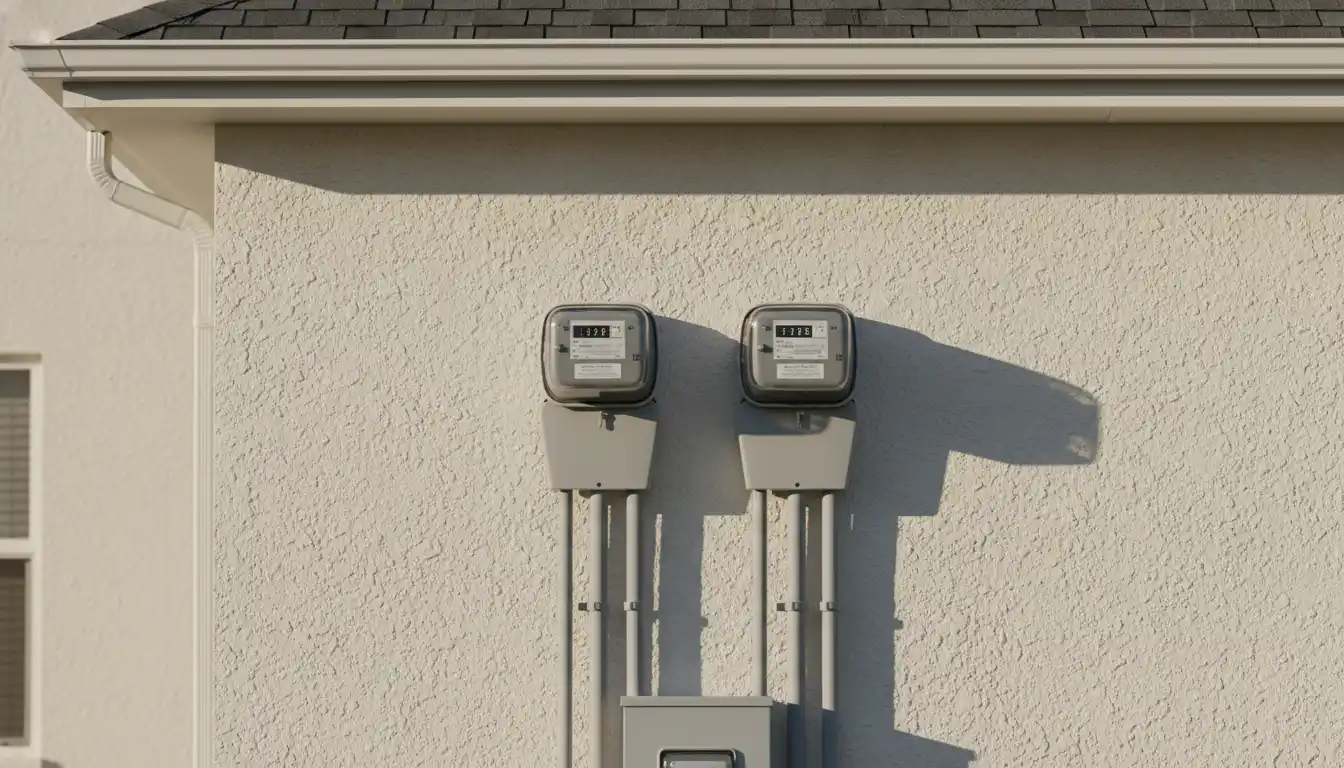 Two separate electric meters mounted on an exterior apartment building wall.