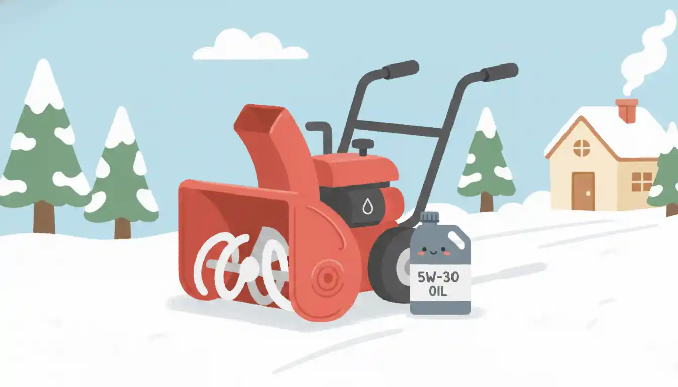 A bottle of 5W-30 motor oil positioned next to the engine compartment of a red snowblower in a snowy outdoor setting.