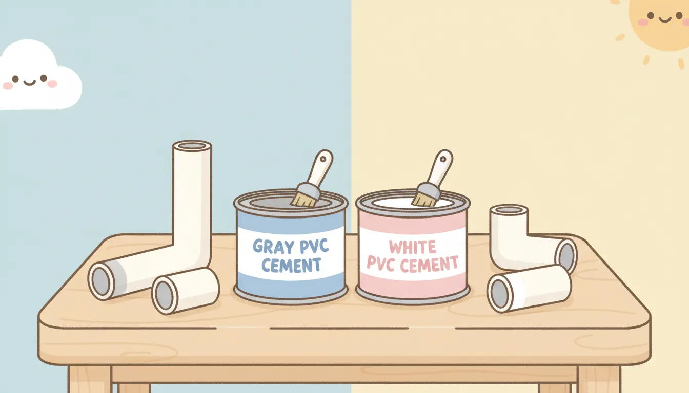 A can of gray PVC cement and a can of white PVC cement with white PVC pipes and fittings on a workbench.