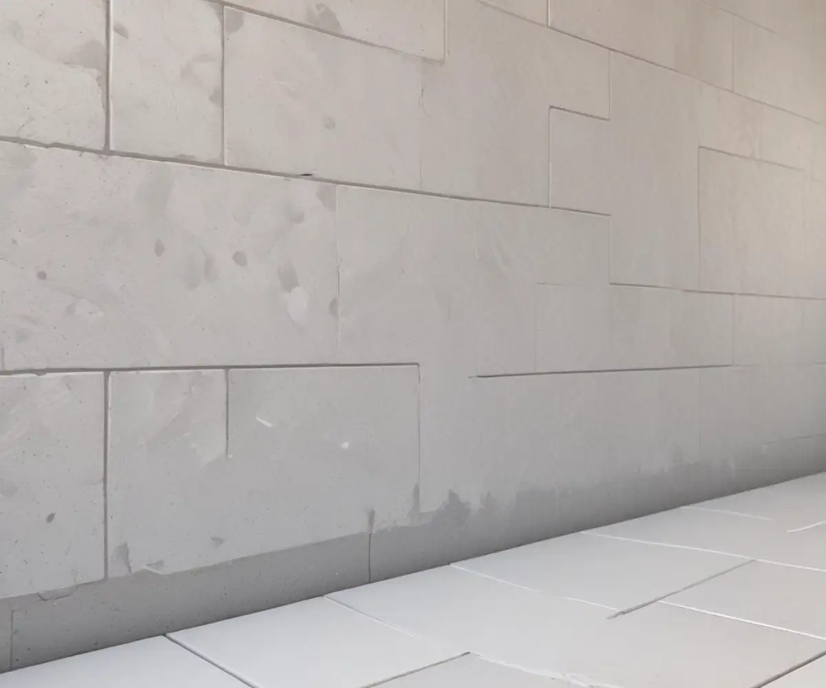 A textured gray grout application on a wall next to a smooth white plaster finish, showing the contrast in materials.