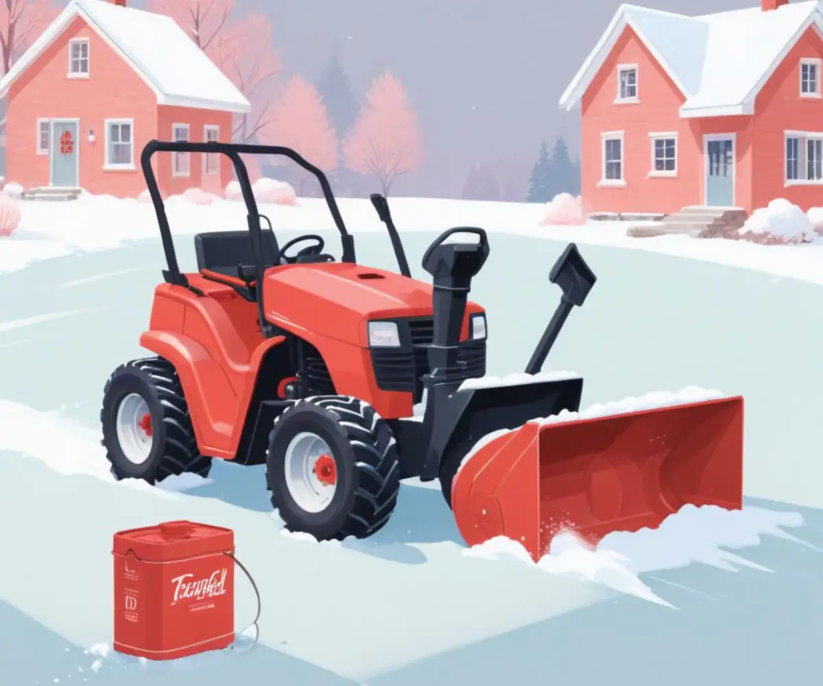 Red can of TruFuel next to a snowblower on a snowy driveway.