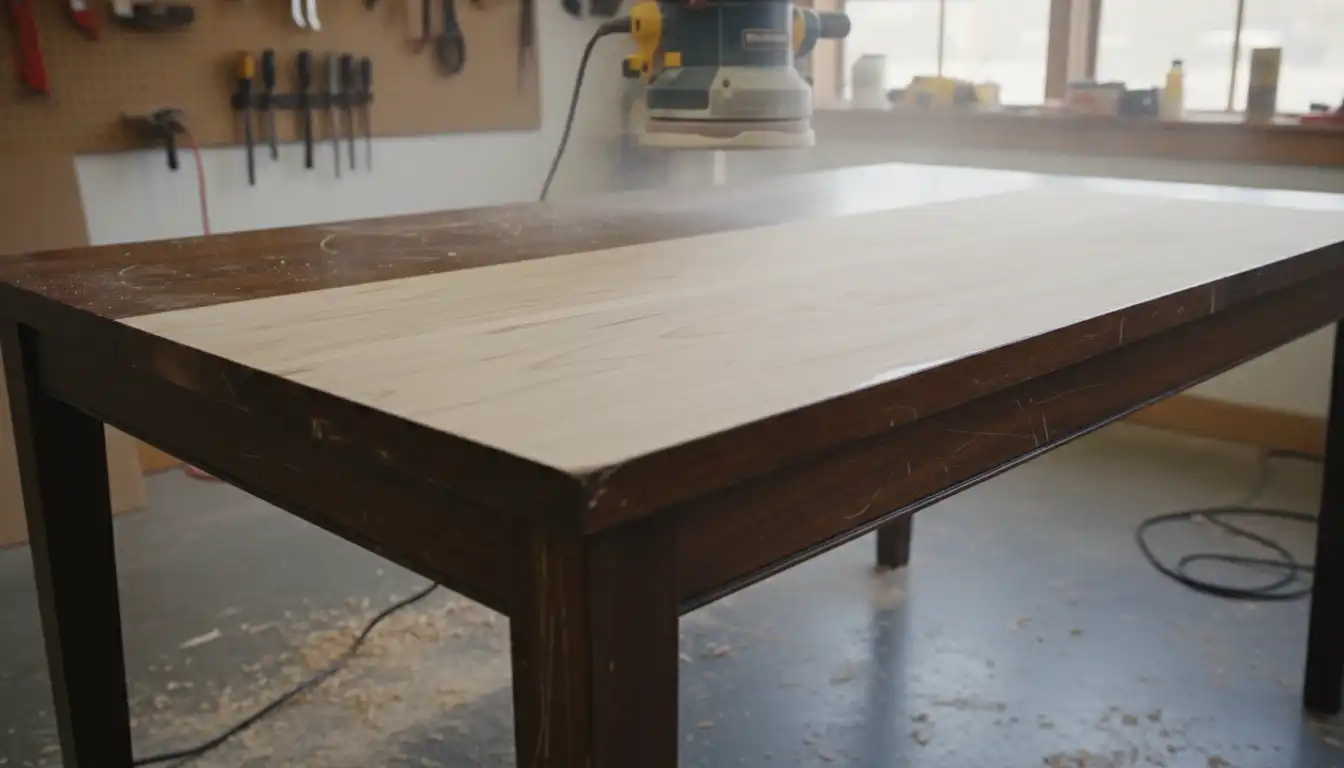A solid wood dining table being sanded down to its natural grain during the refinishing process.