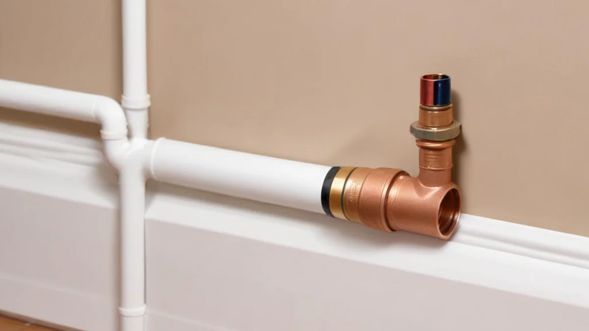 SharkBite push-to-connect fitting on a copper pipe connected to a white baseboard heater.