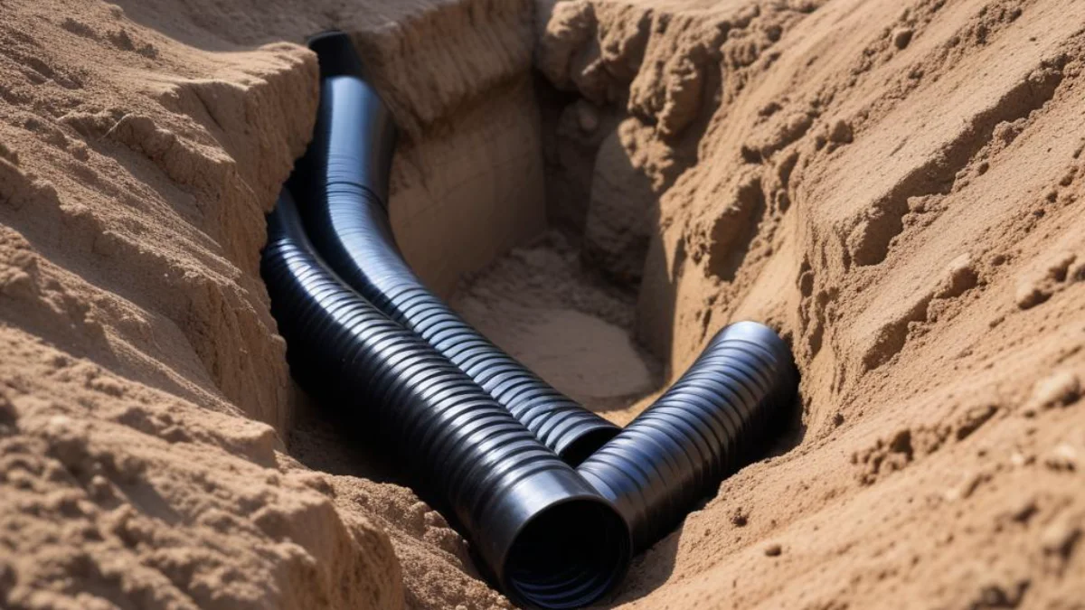 Black corrugated drain pipe laid in a dirt trench for an underground drainage system.