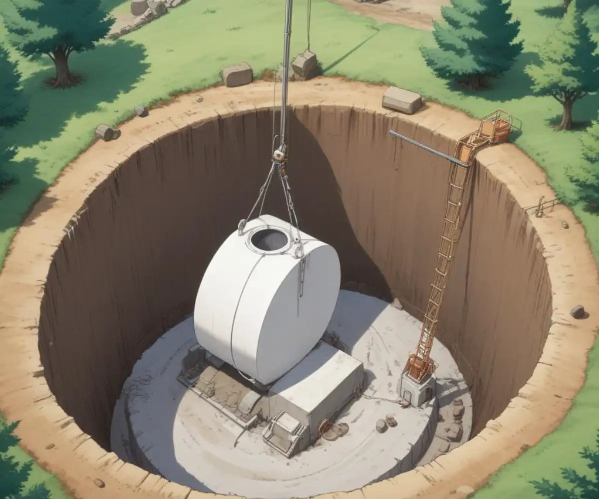 A large, white, polyethylene septic tank being lowered into an excavated pit for a new system installation.
