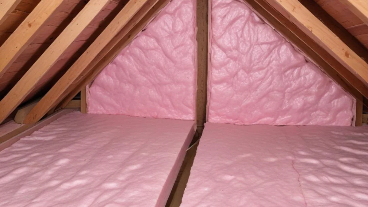 Thick layers of pink fiberglass batt insulation cross-hatched in an unfinished attic joist bay.