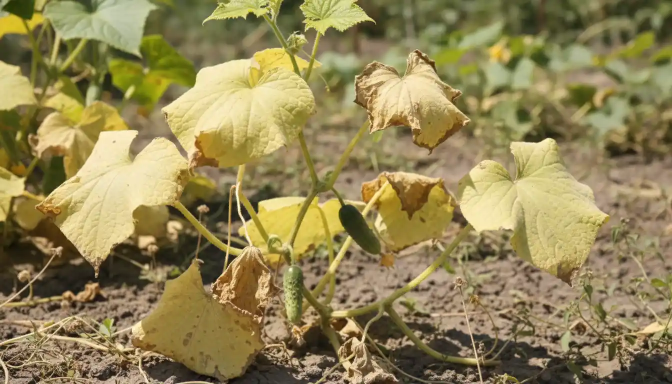 Wilted cucumber plant with yellowing leaves in a garden bed.