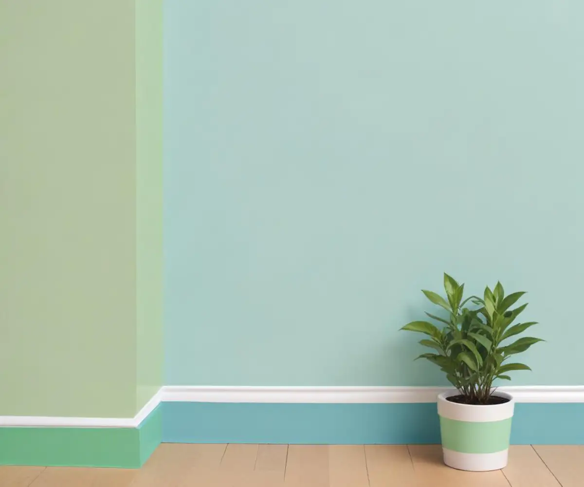 Green painter's tape creating a sharp, clean edge between a freshly painted blue wall and a white baseboard.