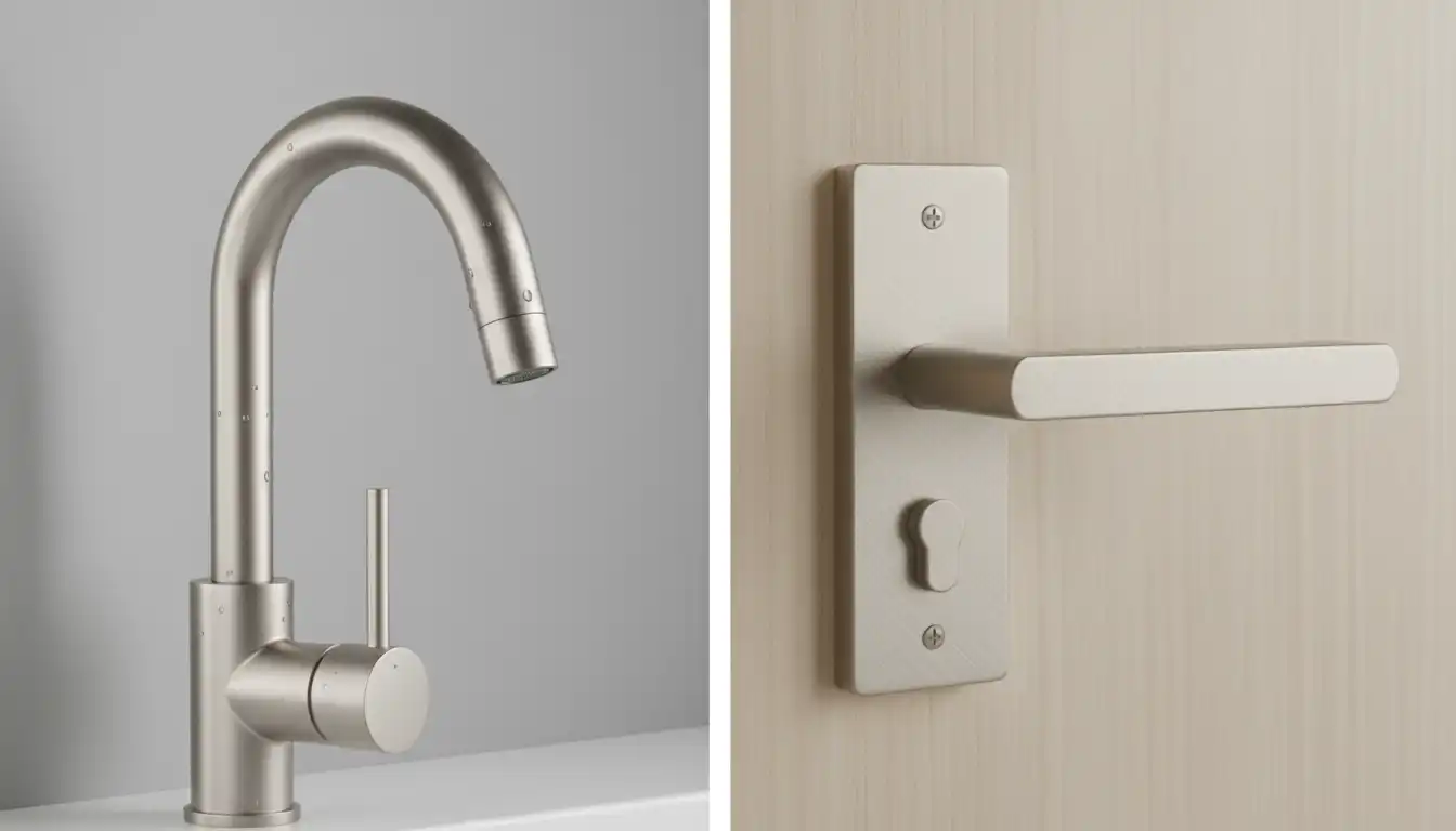 A side-by-side comparison of a satin nickel faucet and a brushed nickel door handle on a neutral background.