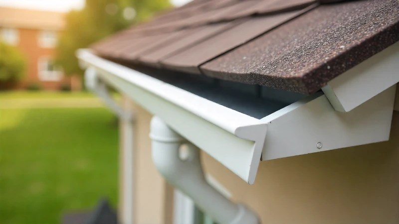 A white vinyl gutter connected to a metallic aluminum downspout on the corner of a house with beige siding.