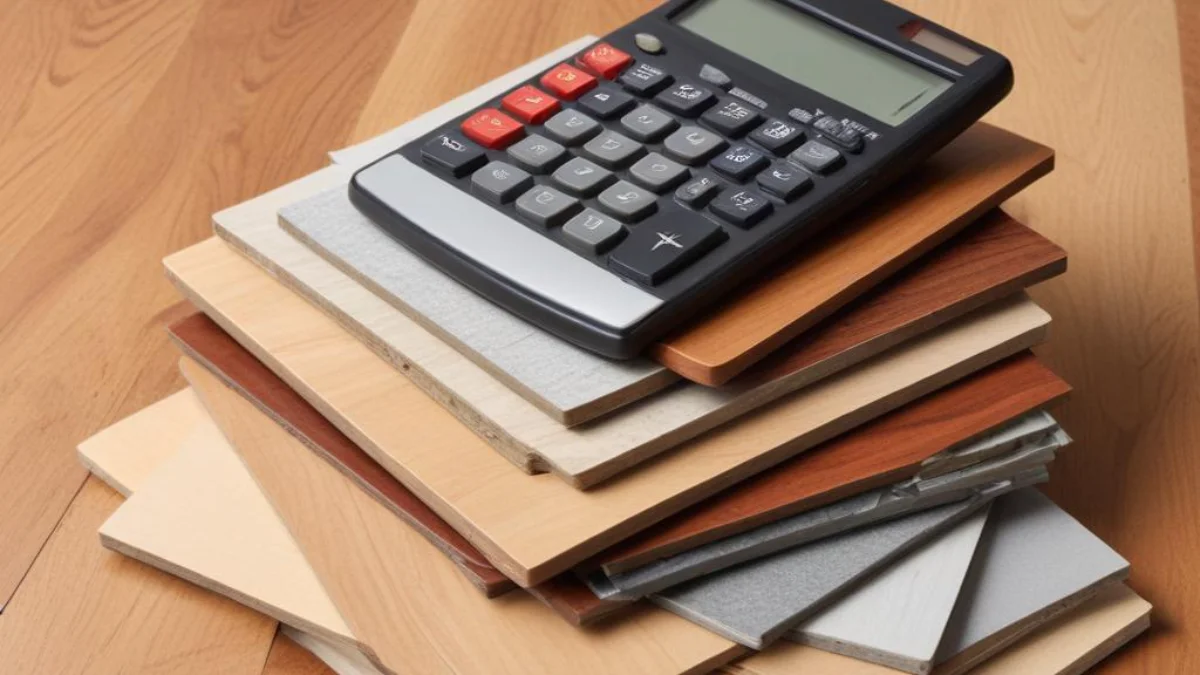 Calculator resting on a stack of various flooring samples like hardwood and laminate, symbolizing the negotiation of flooring prices.