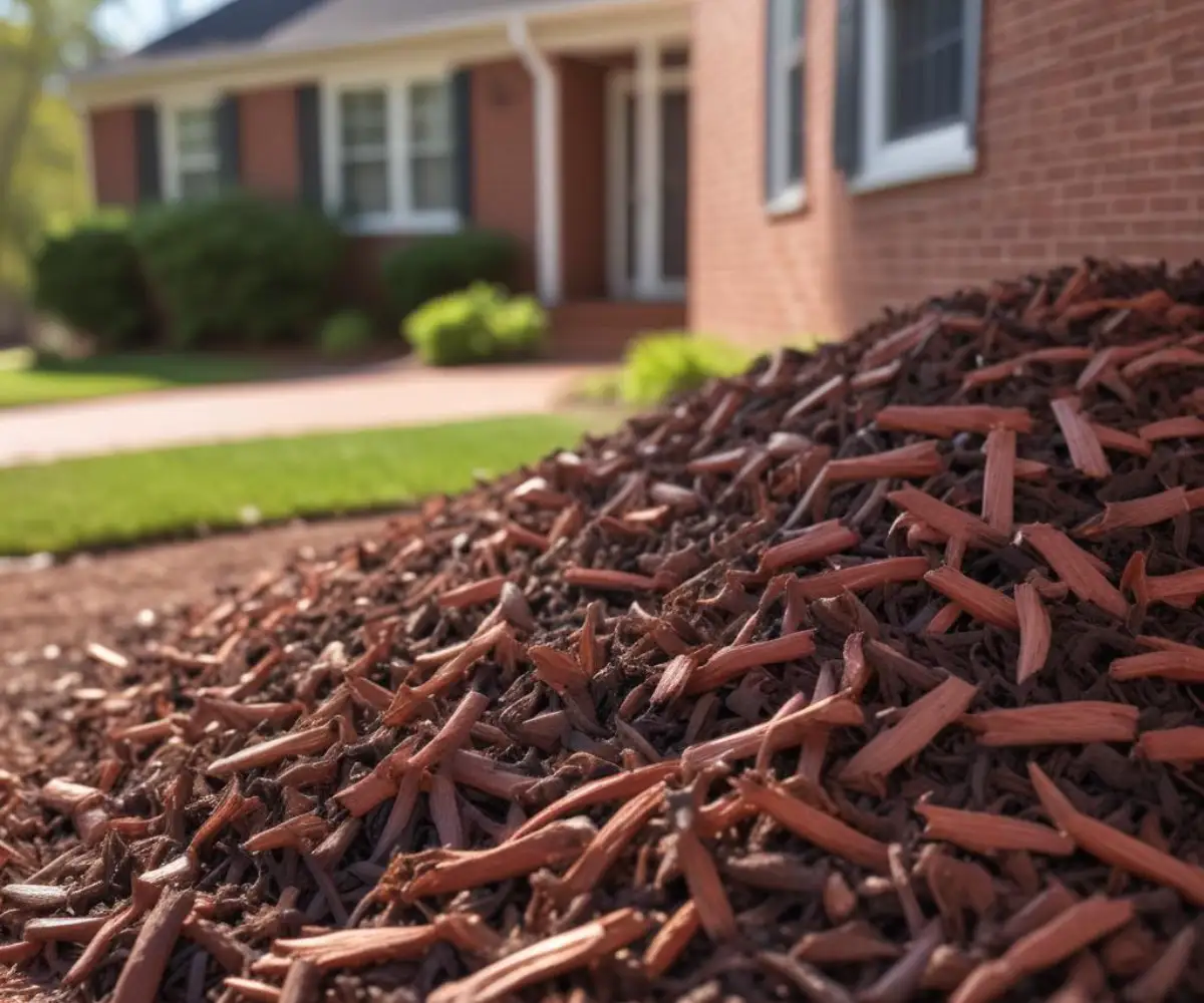 A close-up view of dark brown wood chip mulch next to the red brick foundation of a house.