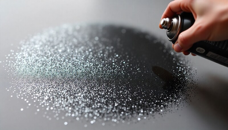 A textured, glittery surface being evenly coated with a layer of black spray paint from a can.