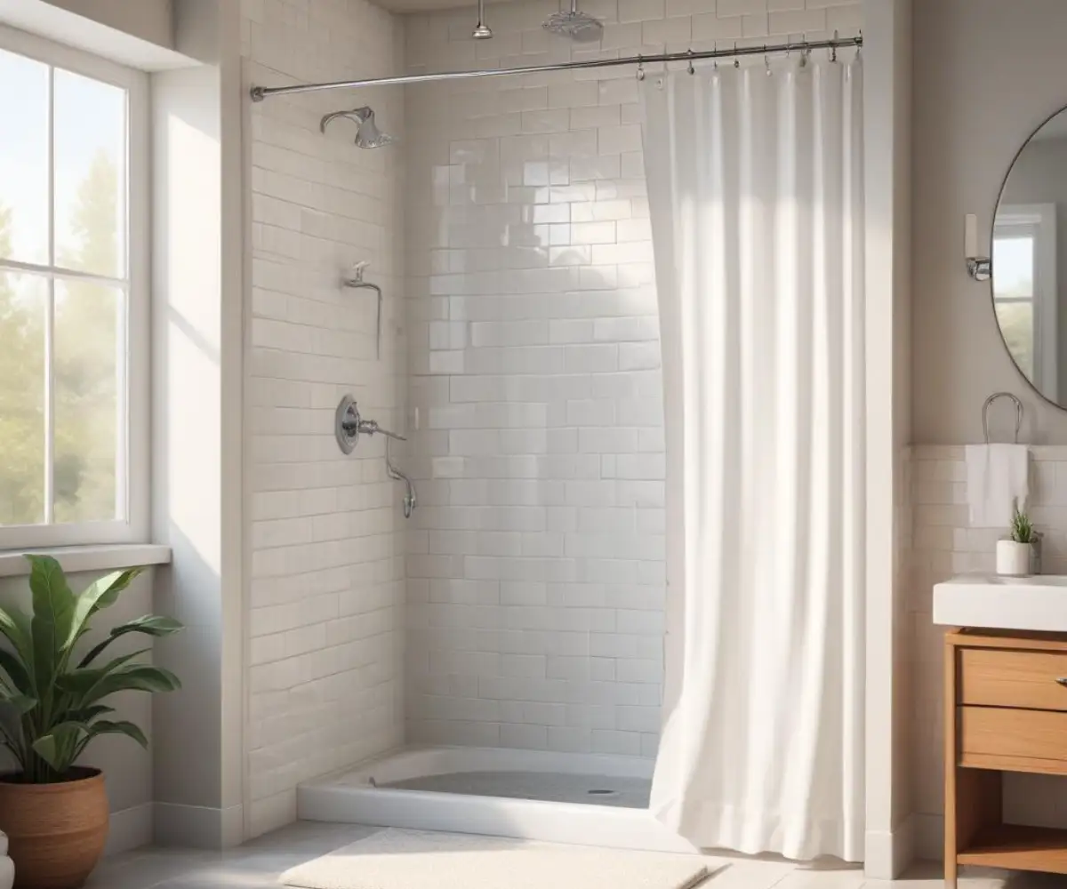 A white tiled shower stall with a textured glass shower pan and a clean, white shower curtain hanging from a chrome rod.