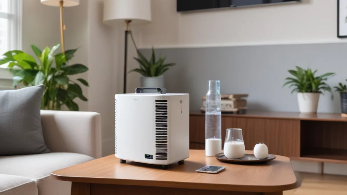 A compact ozone generator operating on a small table in a modern apartment living room.