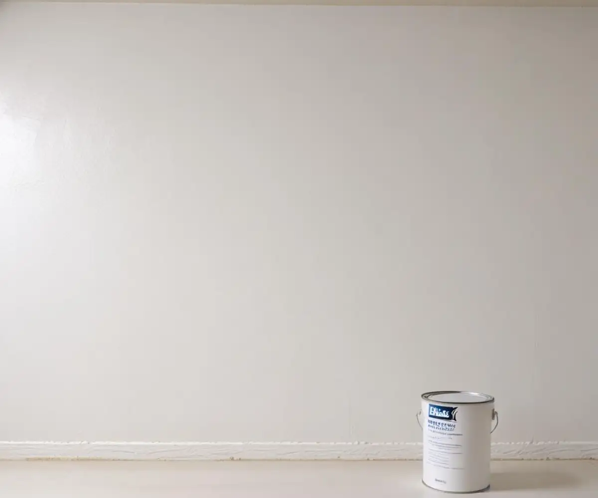 A freshly painted white basement wall showing the textured finish of DRYLOK waterproof paint.