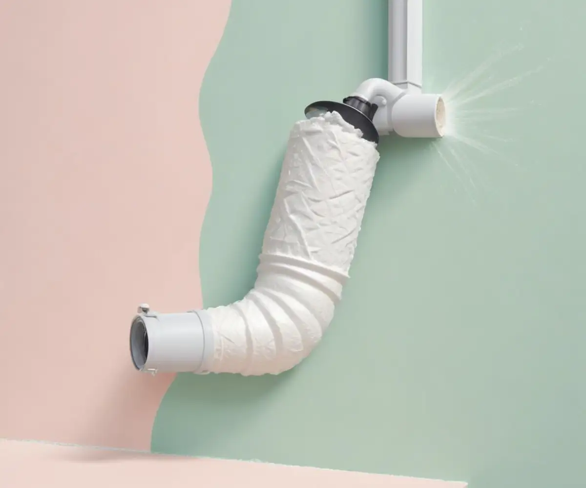 Expanding spray foam being applied to seal a joint on a metal air conditioning duct.