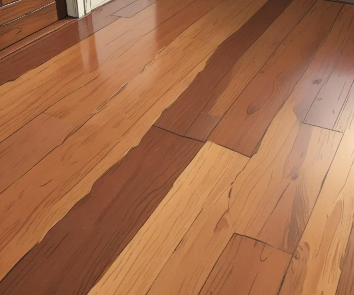 A close-up of a hardwood floor with a section freshly restored to a high shine next to a dull, scratched area.