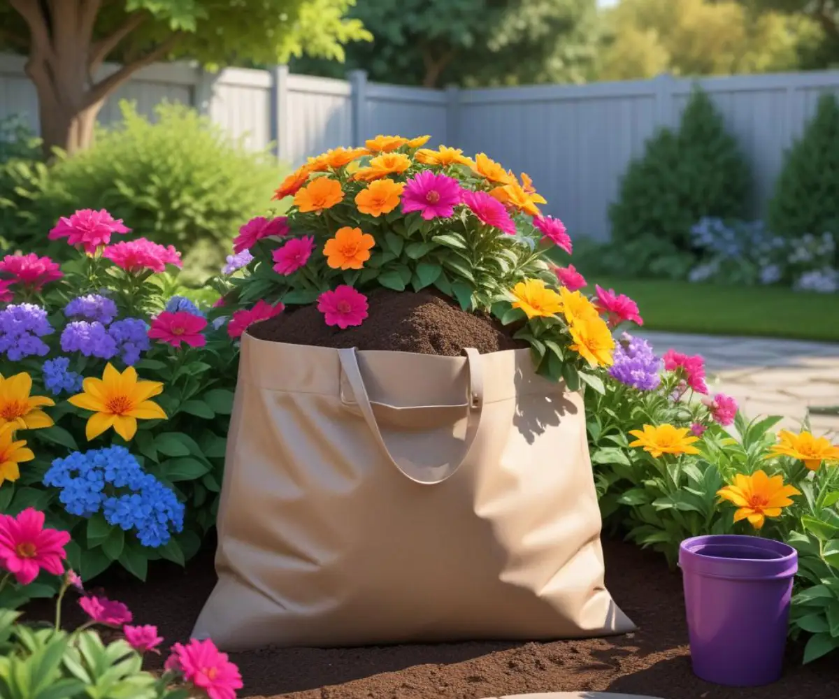 A bag of tree and shrub soil placed next to a vibrant pot of colorful blooming flowers in an outdoor garden setting.