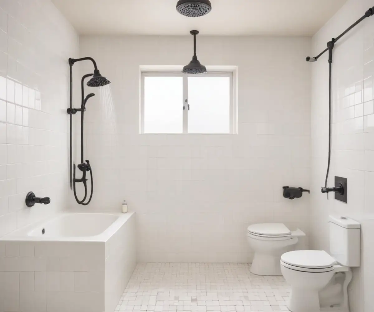 Modern white tiled bathroom with two separate shower heads installed side-by-side.
