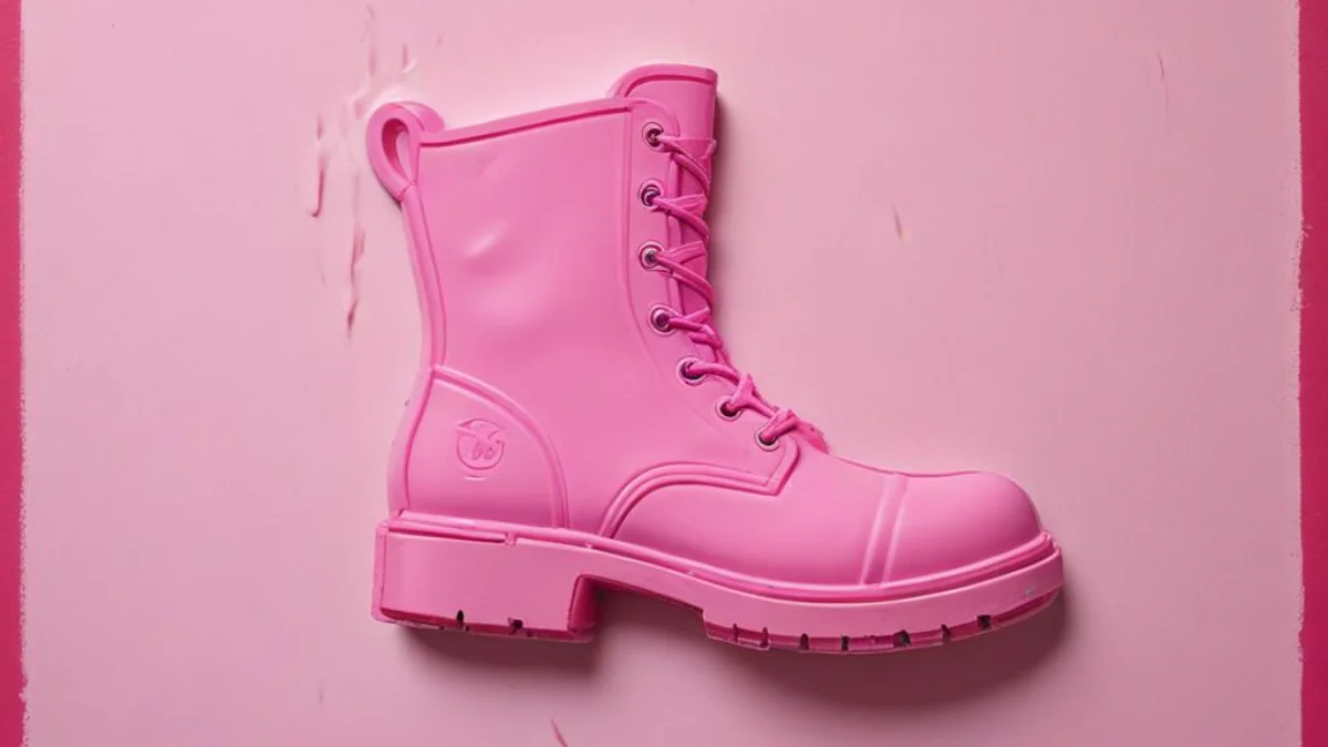 A work boot print indented into a sheet of pink rigid foam insulation.