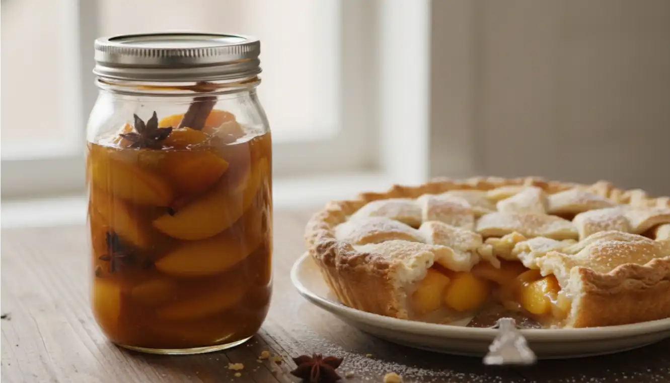 A glass jar of freshly canned peach pie filling next to a golden-brown baked peach pie.