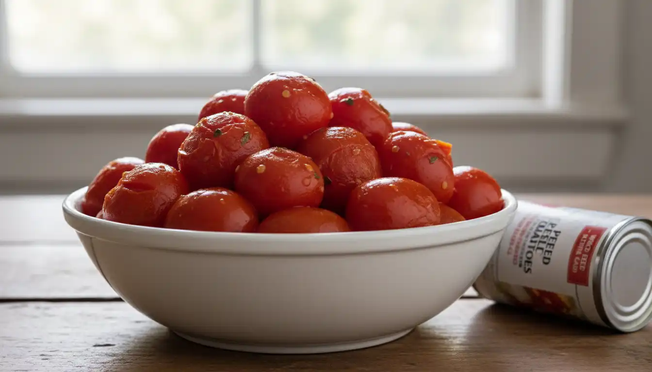 A white bowl filled with whole peeled canned tomatoes.