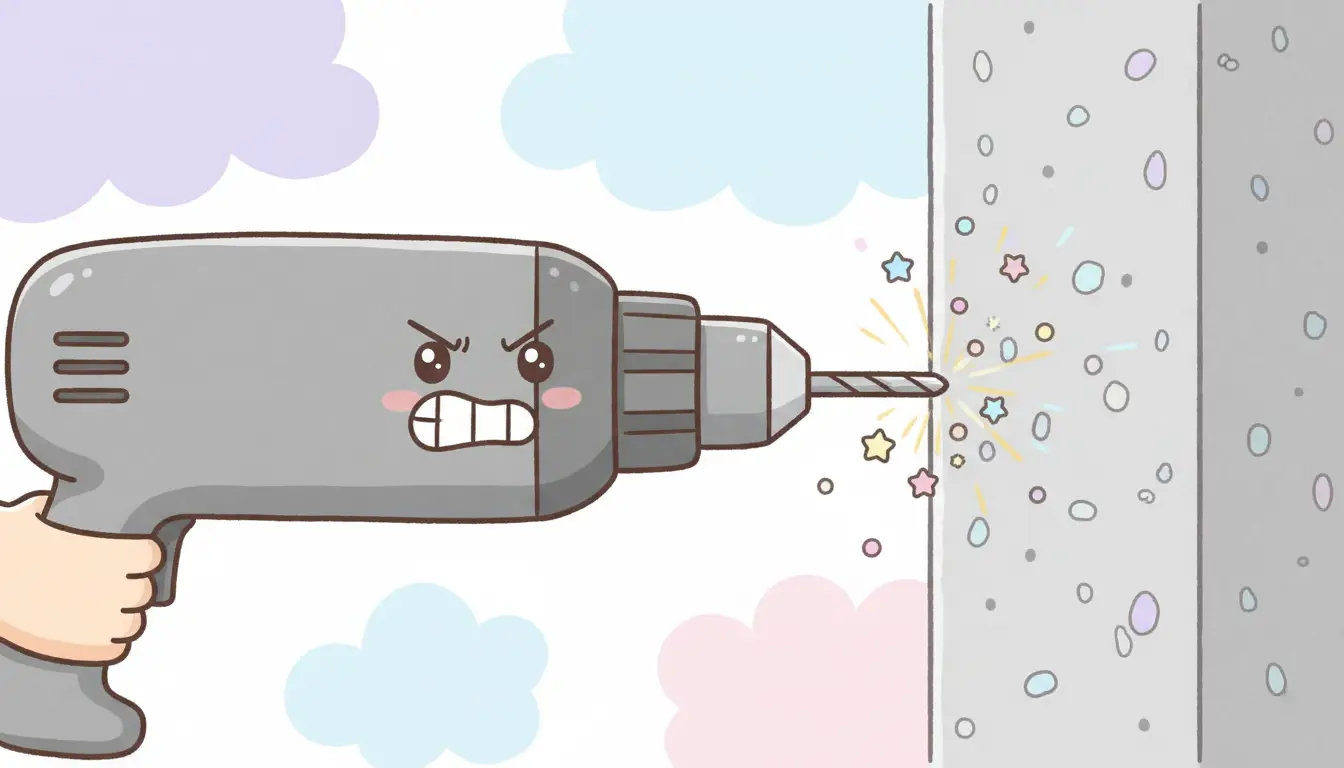 Close-up of a power drill bit attempting to penetrate a solid, textured concrete wall.