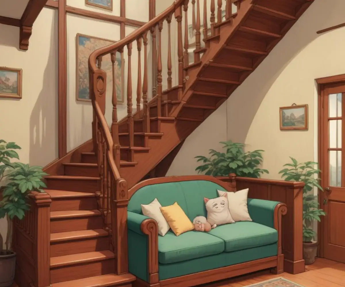 A large, bulky sofa stuck at the turning point of a narrow wooden staircase.