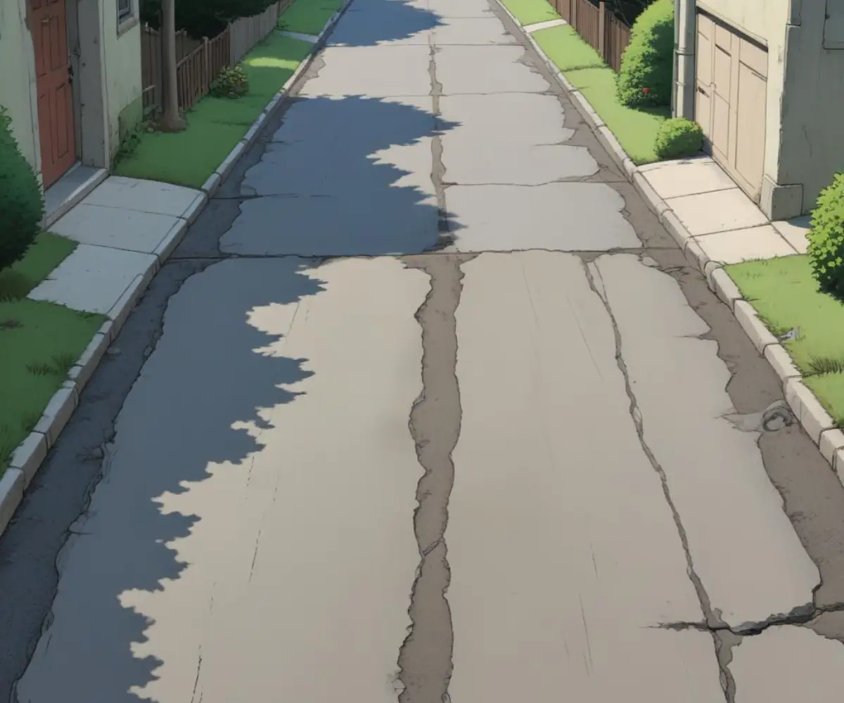 The steep, cracked concrete apron of a residential driveway meeting the asphalt street.