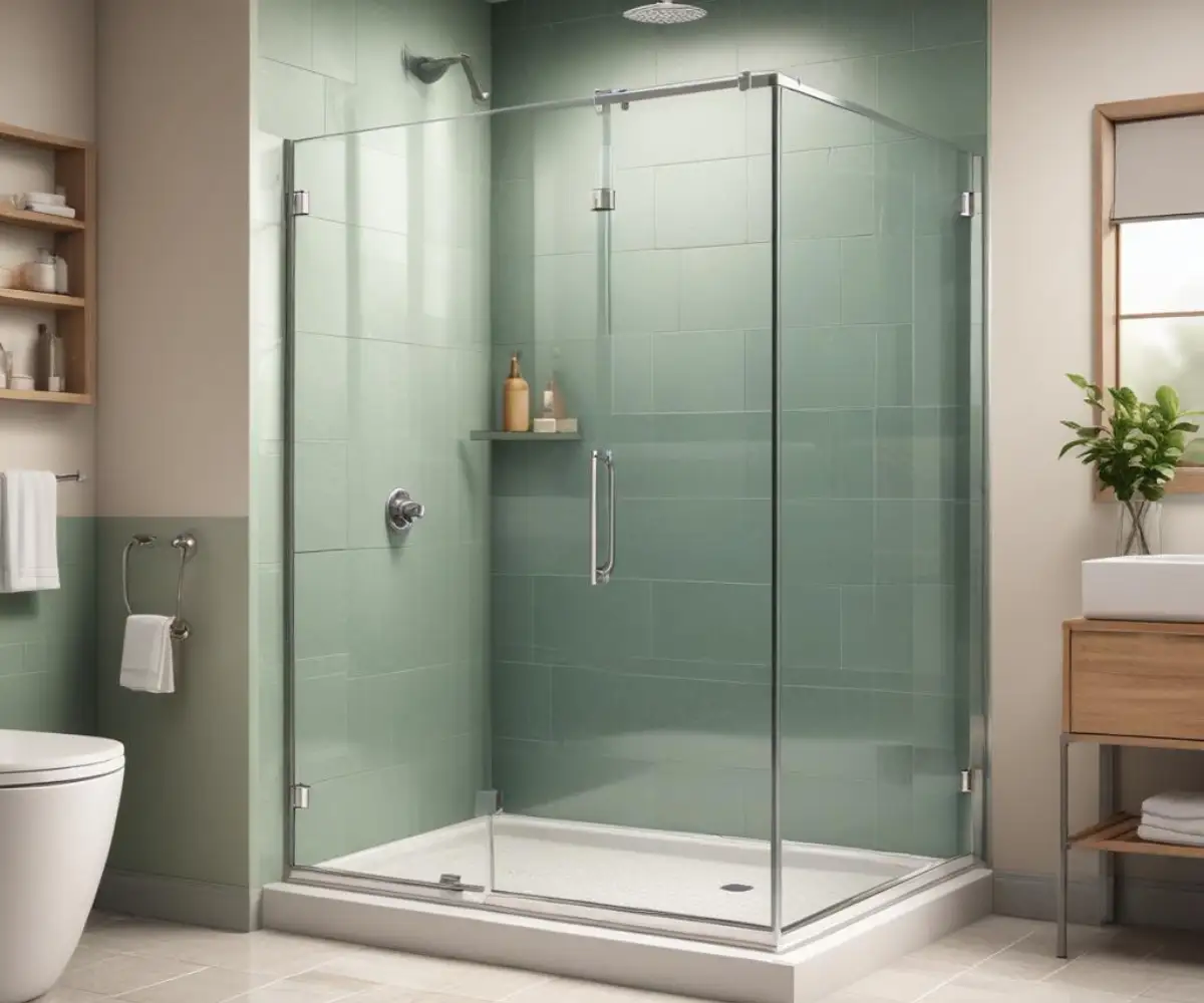 A semi-frameless glass shower door with a polished chrome handle and frame inside a tiled bathroom.