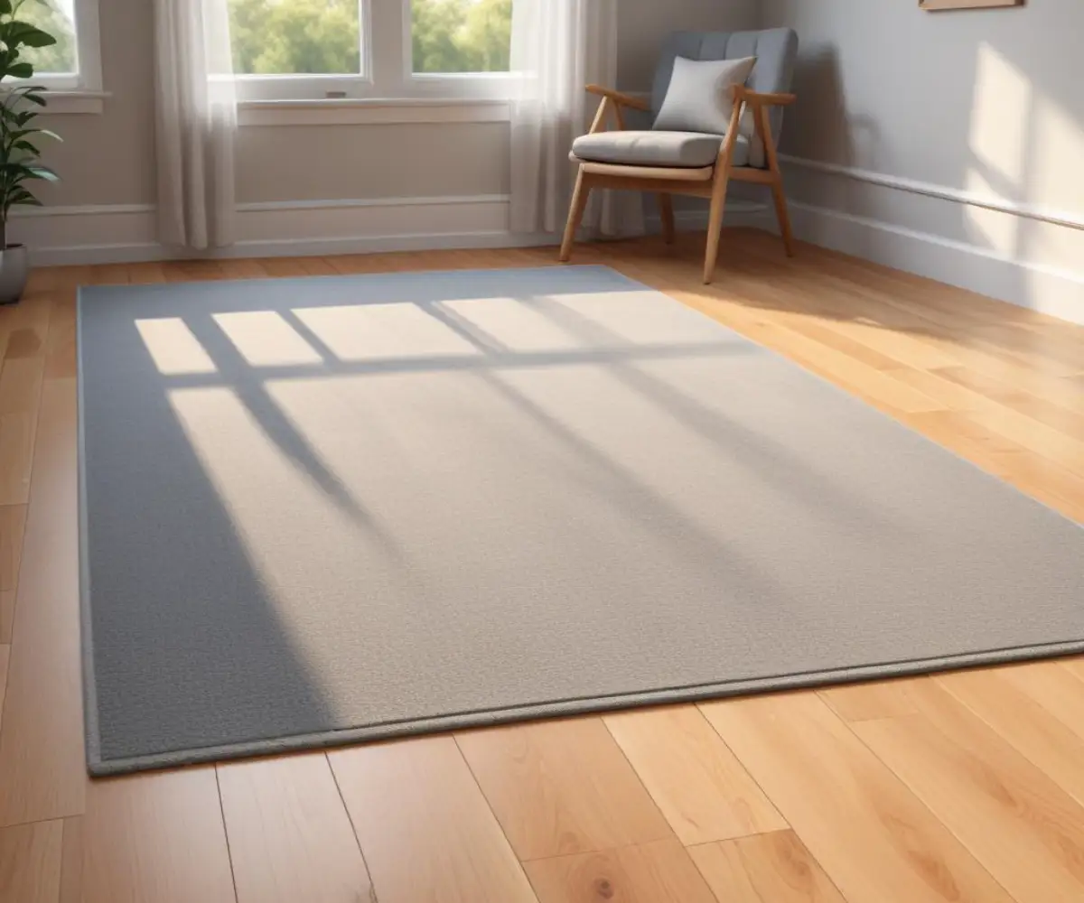 A rectangular gray carpet inlay installed flush into a polished light oak hardwood floor.