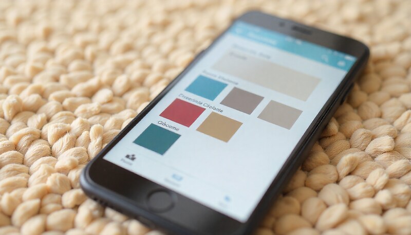 A close-up view of a smartphone screen displaying a color palette selection over a textured beige carpet sample.