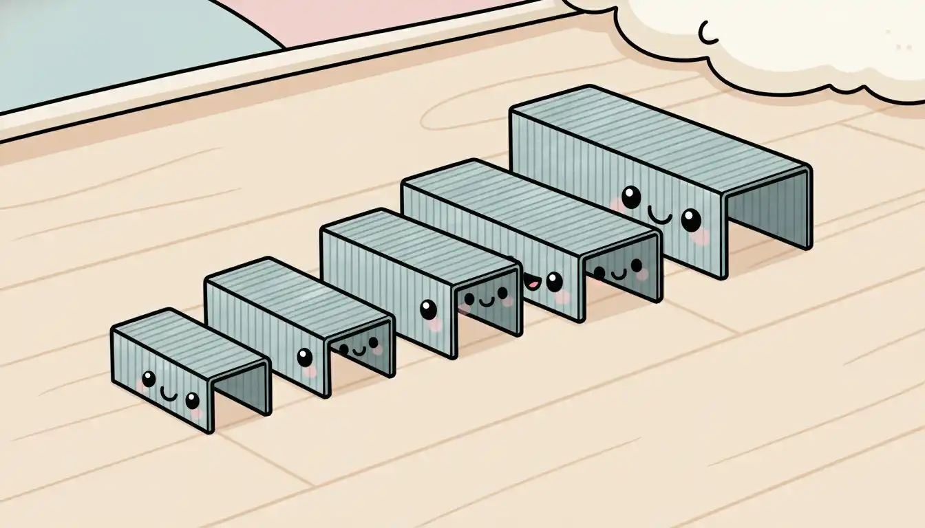 A close-up of various sizes of galvanized carpet staples arranged neatly on a plain wooden surface.