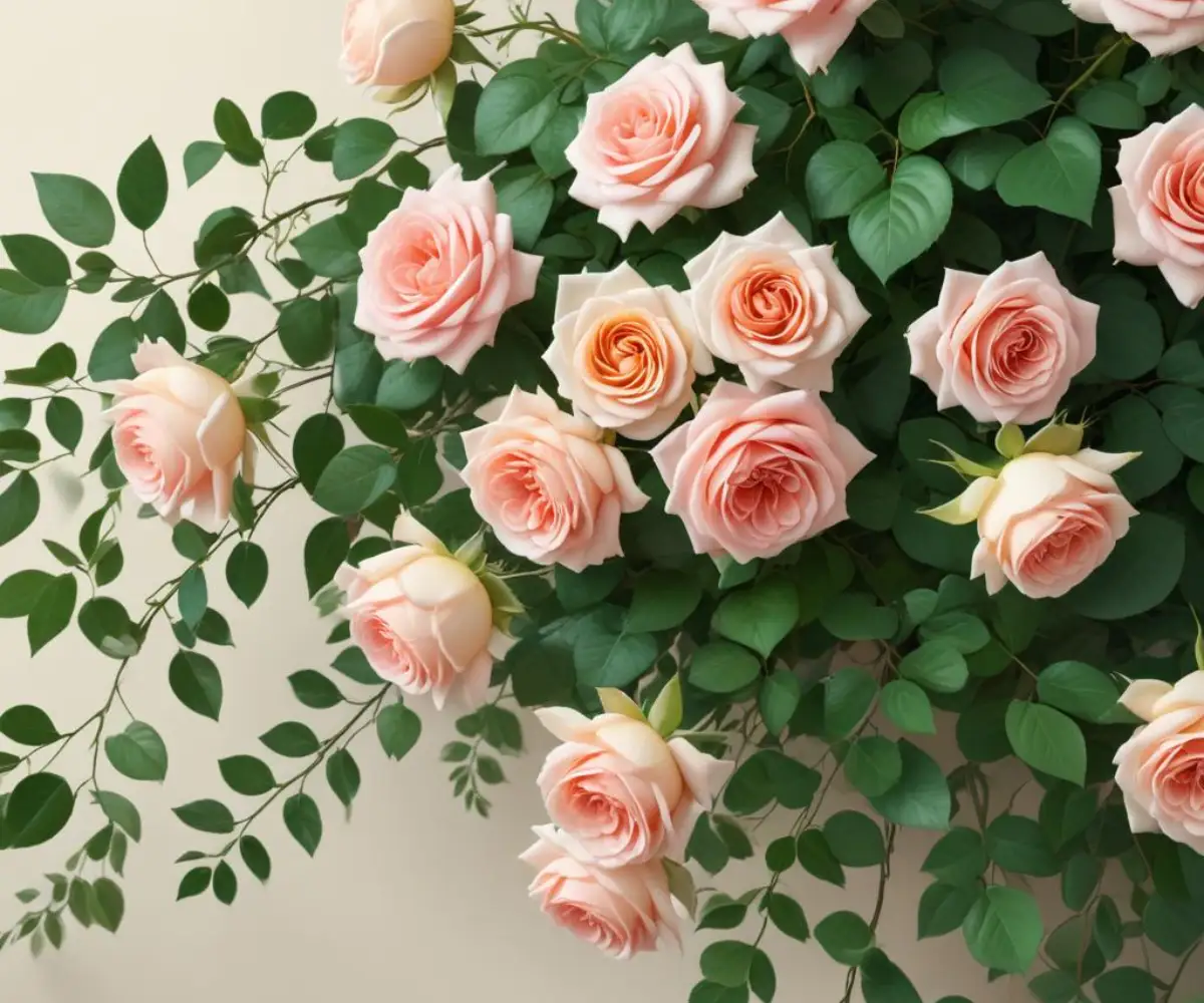 A lush arrangement of cascading roses and delicate greenery arranged in a trailing bouquet.