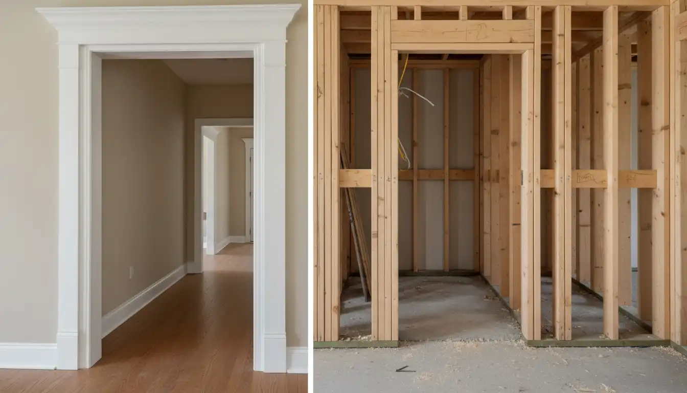 A finished, white-trimmed cased opening for a hallway contrasted with the exposed wood studs of a structural frame opening in a wall under construction.