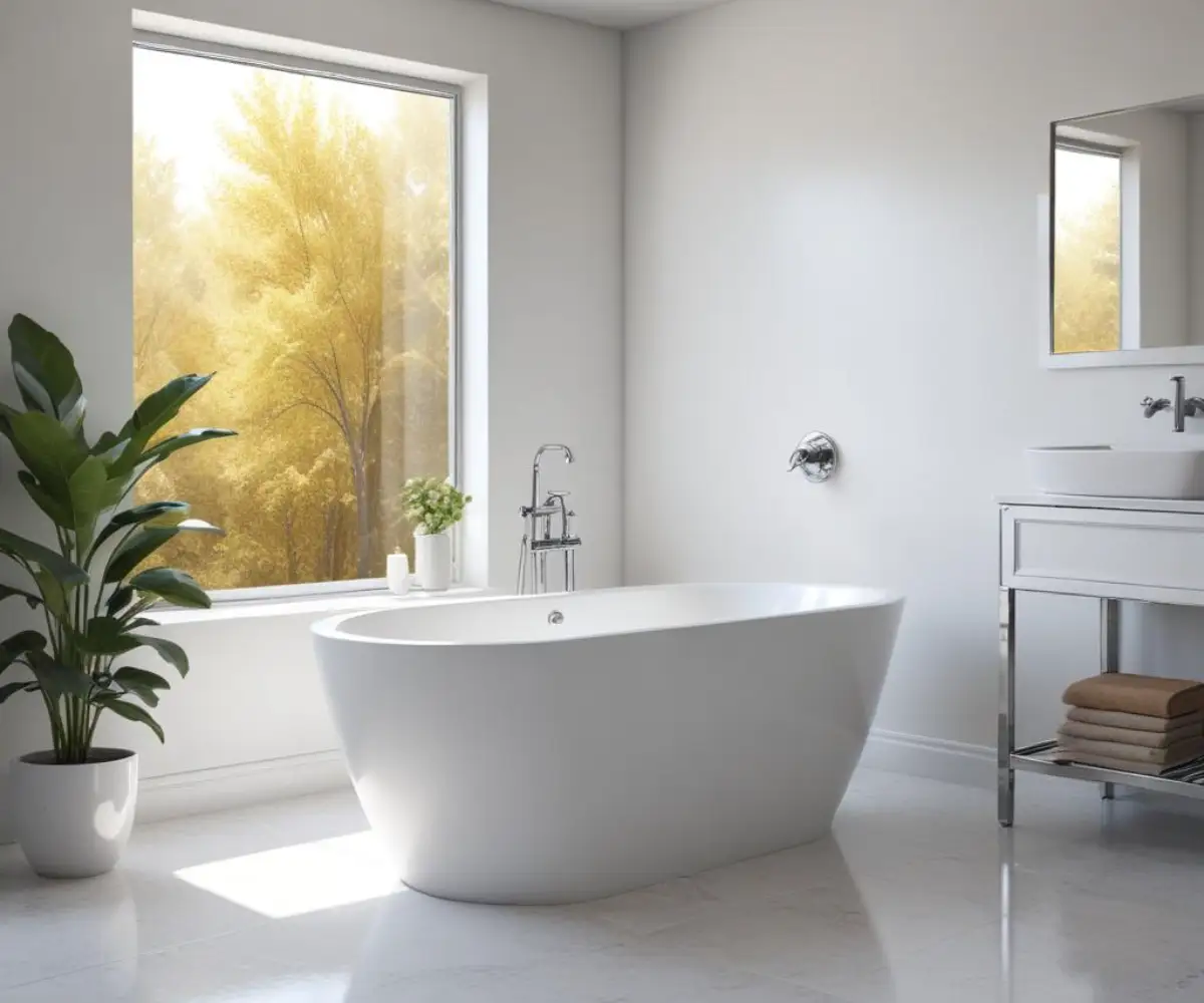 A white alcove cast iron bathtub with a seamless, modern acrylic wall surround and chrome fixtures.