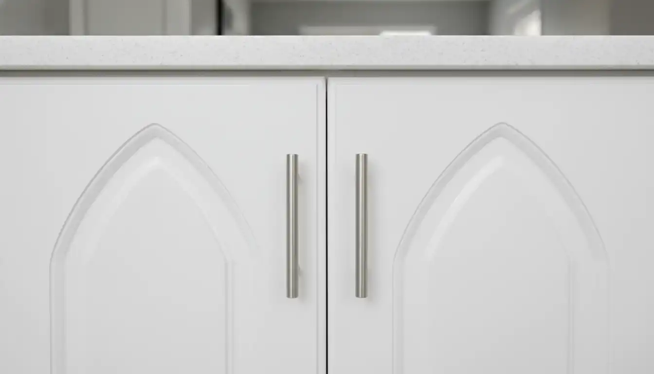 White cathedral arch cabinet doors with brushed nickel handles.