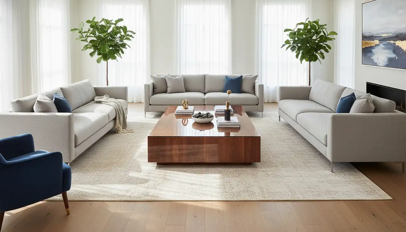 A rectangular wooden coffee table with a smooth, polished top in a well-lit living room.