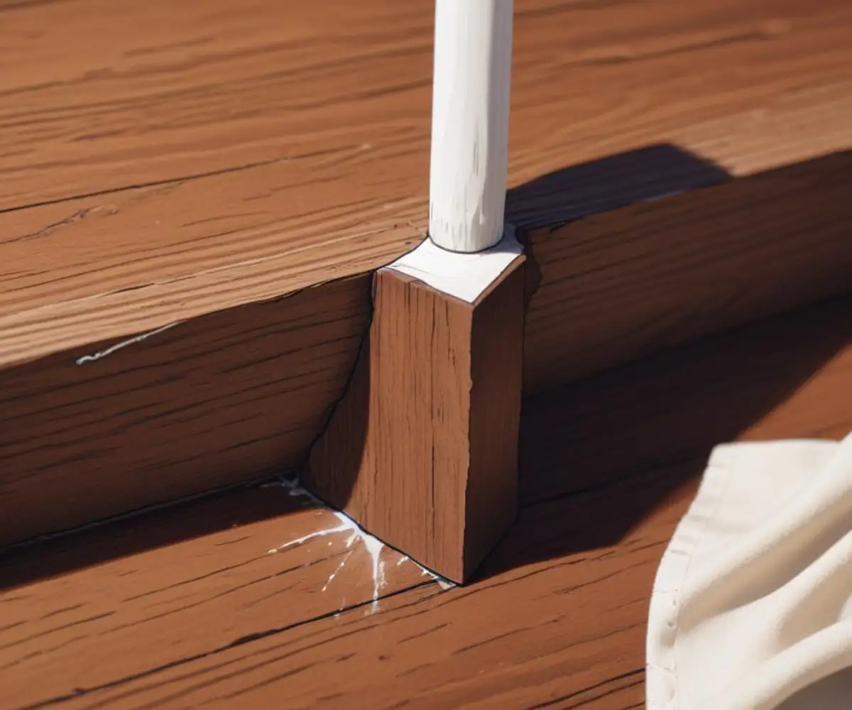 A close-up of a mitered wood joint filled with a smooth bead of white caulk, next to a cloth lightly saturated with dark wood stain on an unfinished wood surface.
