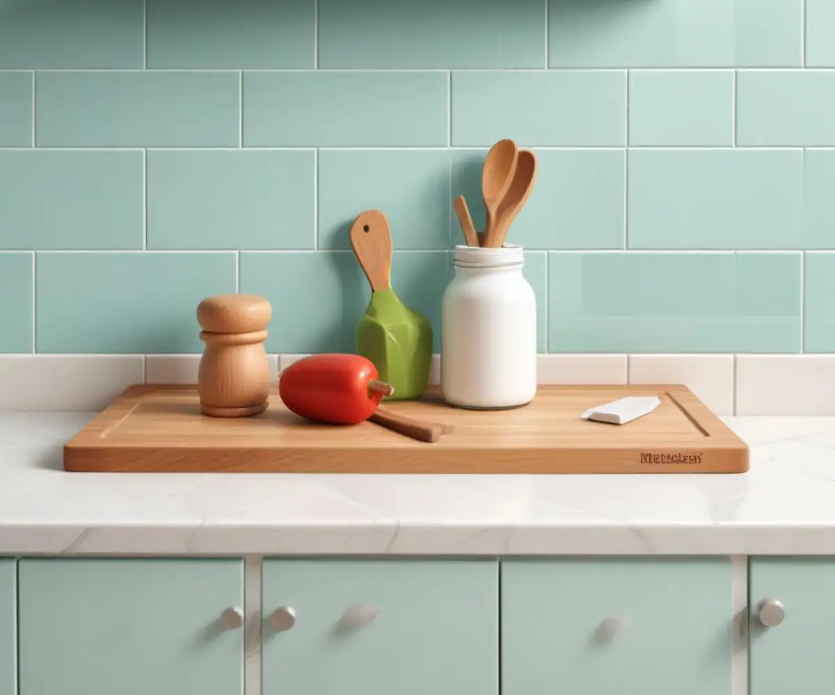 A smooth bead of clear silicone caulk sealing the join between a wood grain butcher block countertop and a white tile backsplash.