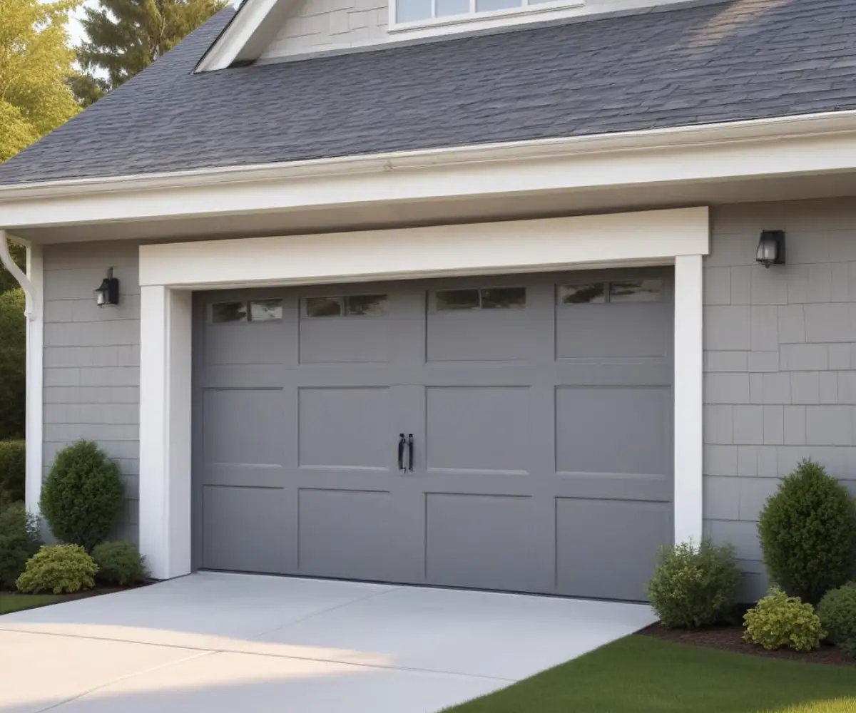 Gray residential garage door with fresh white caulk applied to the exterior trim.