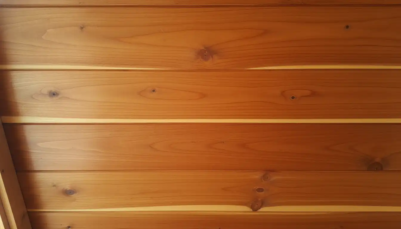 A close-up of a cedar plank ceiling showing the natural wood grain enhanced by a semi-transparent stain.
