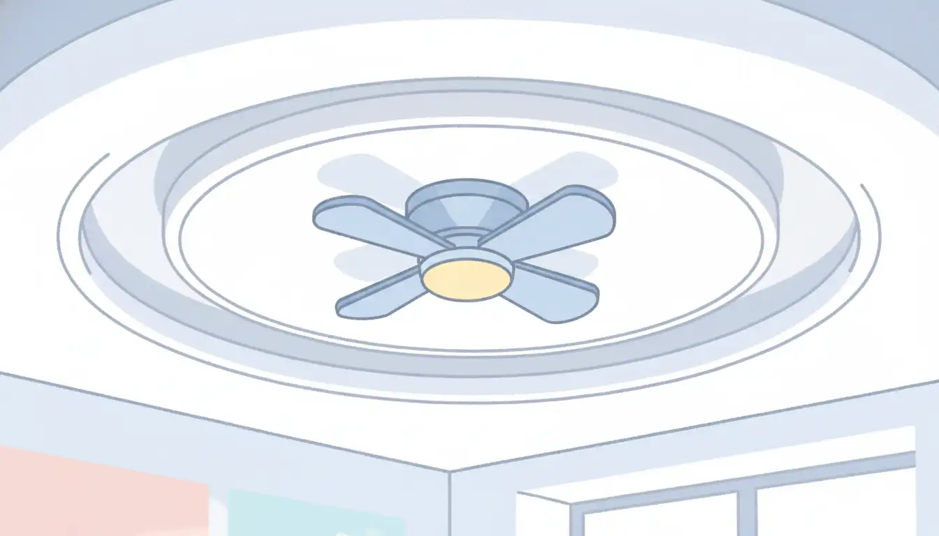 A decorative ceiling fan with an integrated light fixture mounted in the center of a white, multi-layered tray ceiling.