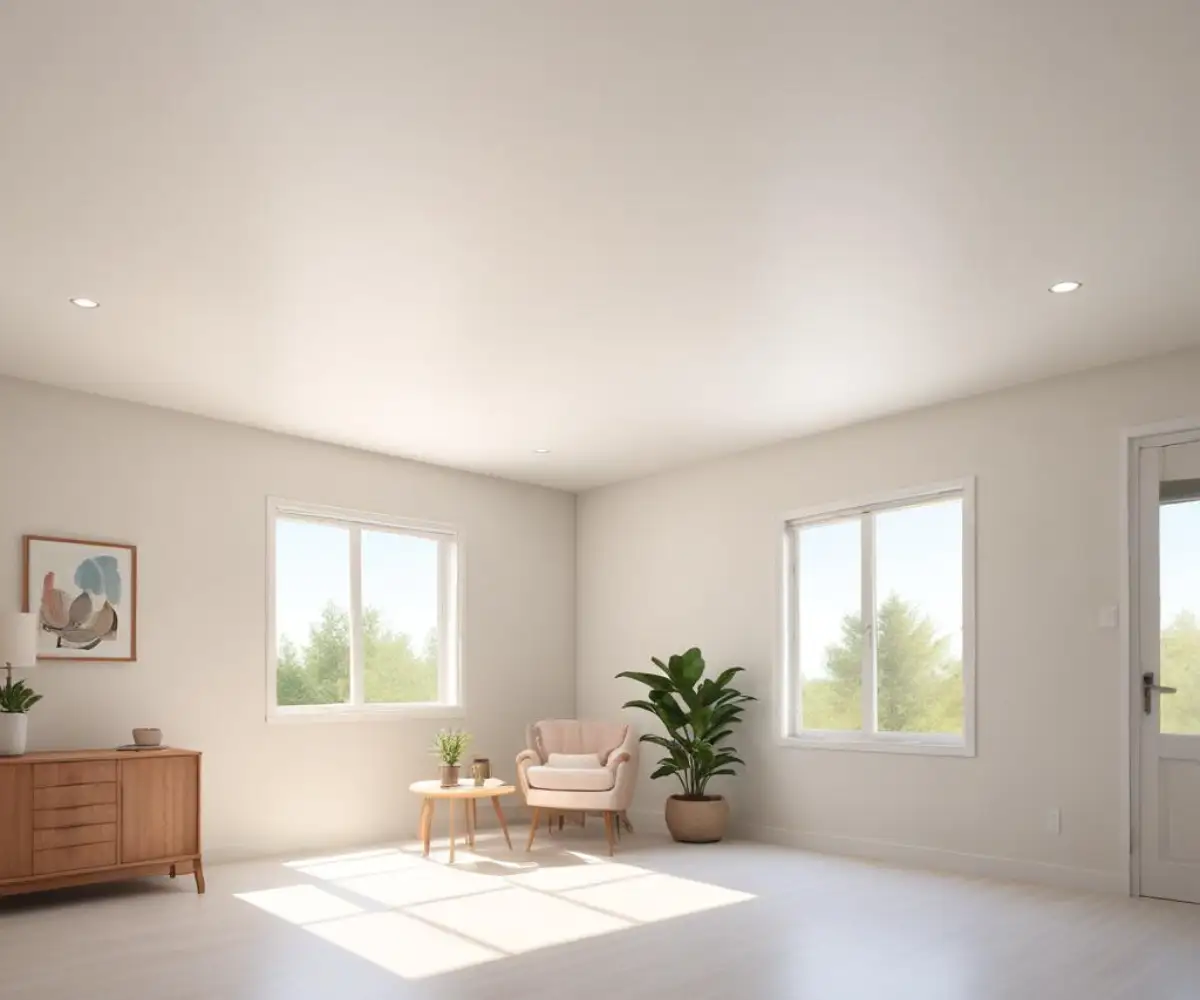 A smooth, white, freshly skim-coated ceiling texture in a residential room.