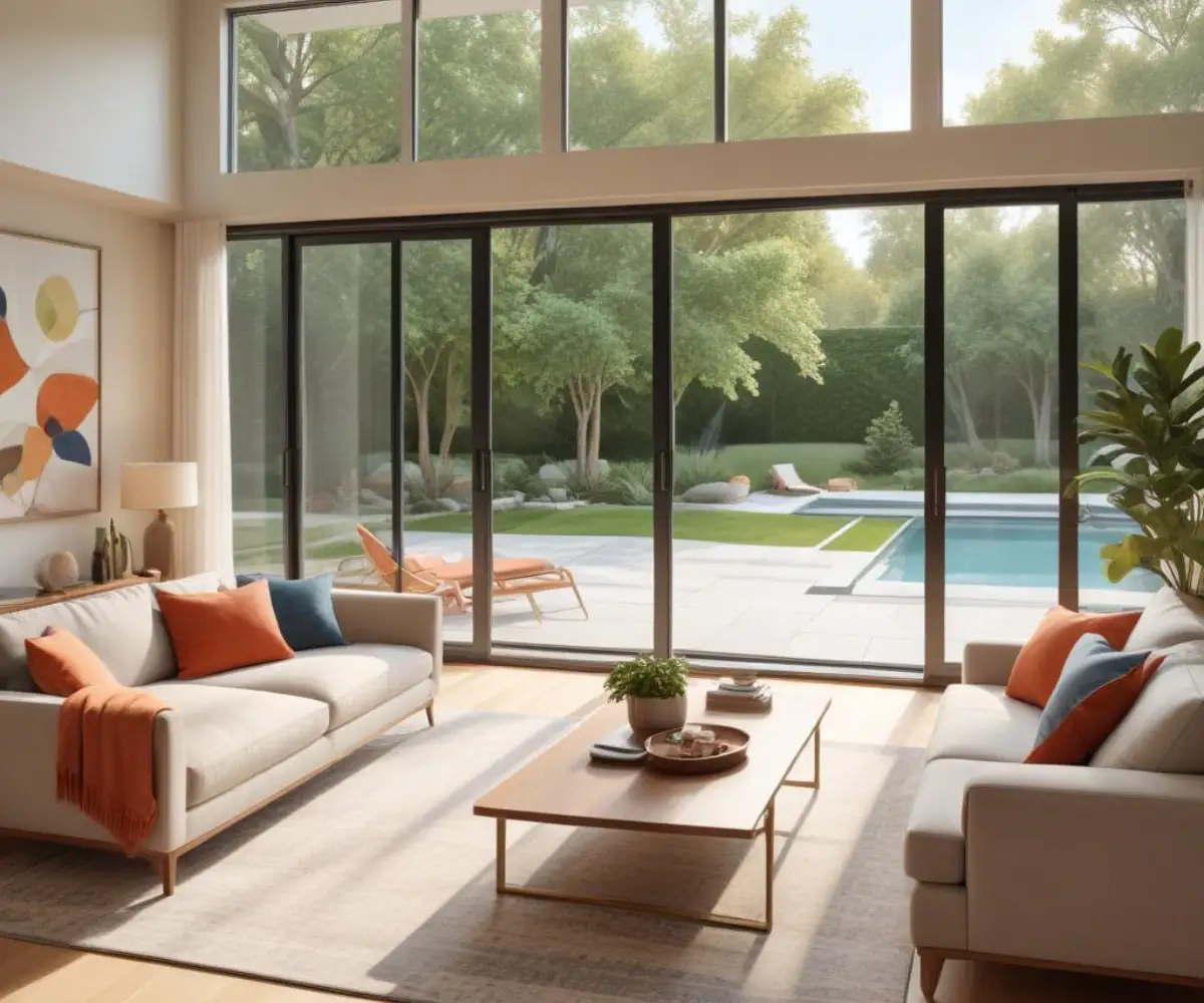 A modern living room featuring elegant center-opening sliding glass doors that open to a patio.
