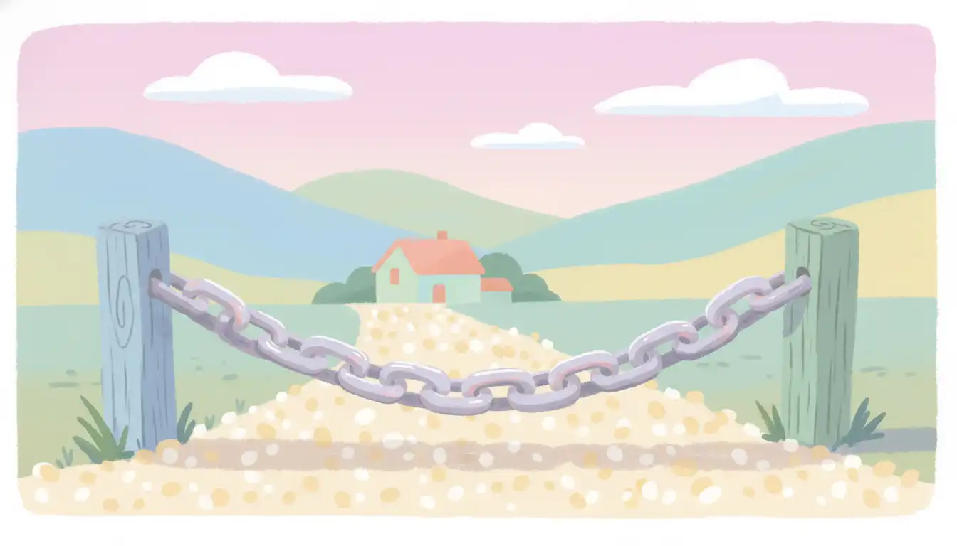 A heavy-duty metal chain stretched between two wooden posts at the entrance of a gravel driveway, securing the property.