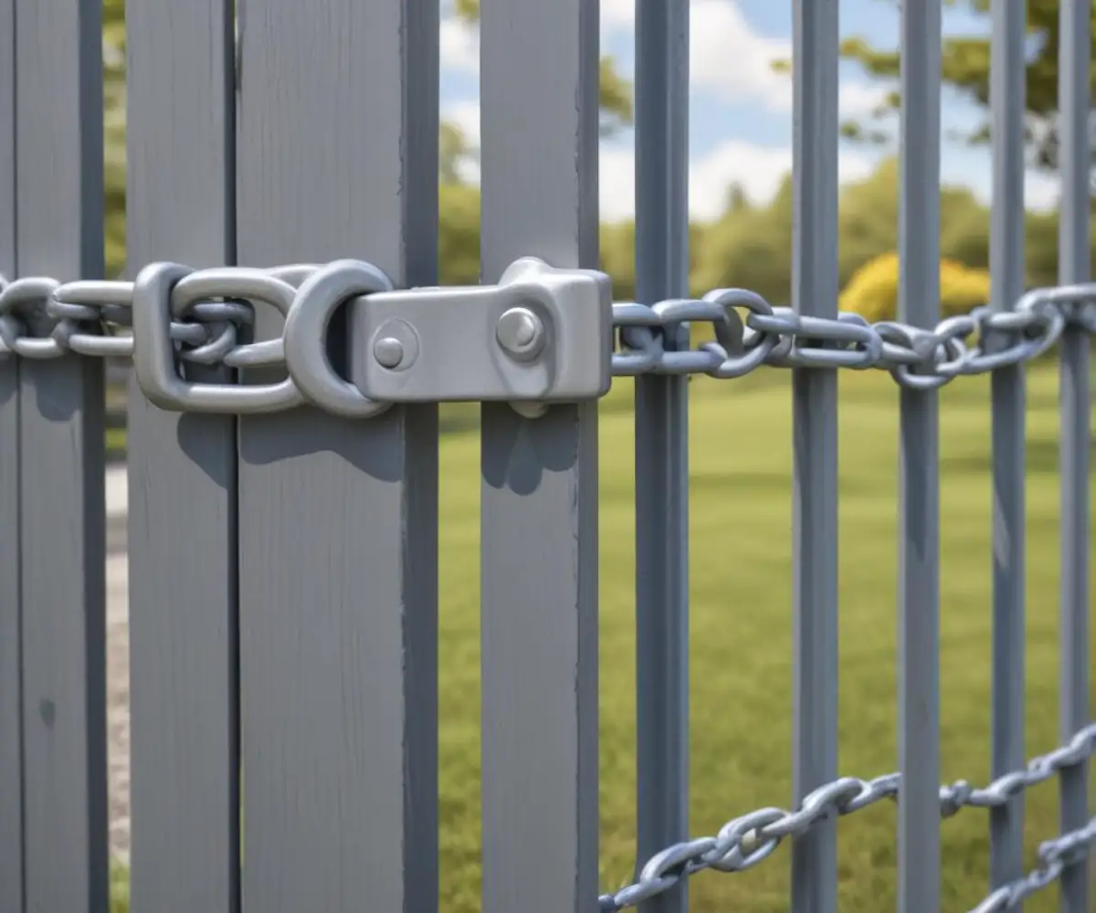 A silver metal chain link gate latch extension attached to a grey fence post and gate frame.